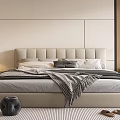 Modern Double Bed With Upholstered Headboard Decorative Pillows And Nightstand Lamp