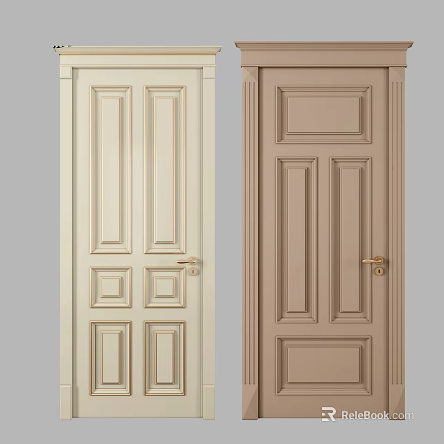 Light And Beige Hinged Doors With Panel Design And Brass Handles 3d model