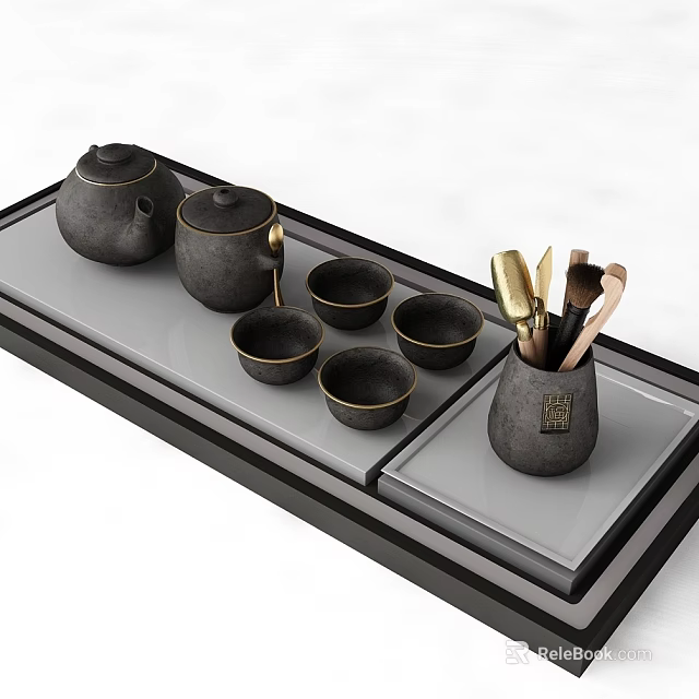 Black Ceramic Tea Set with Teapot Cups and Utensil Holder on Modern Tray 3d model 