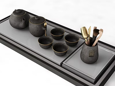 Black Ceramic Tea Set with Teapot Cups and Utensil Holder on Modern Tray 3d model