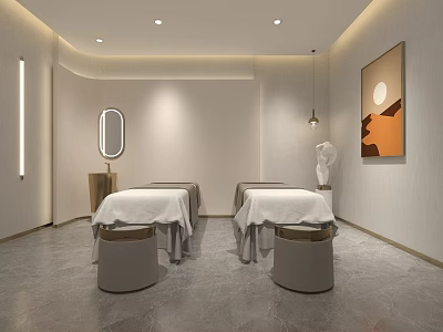 Elegant Beauty Salon Interior With Treatment Beds White Sheets Mirror And Decorative Painting 3d model