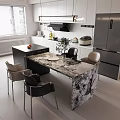 Modern Kitchen Dining Table And Chairs With Marble Countertop Open Layout Cabinets 3d model