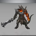 Spiked Armored Fantasy Man With Glowing Red Body And Large Battle Weapon