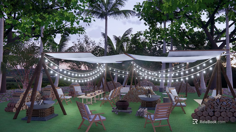 Scenic Outdoor Campsite With Palm Trees White Canopies String Lights And Wooden Furniture 3d model 