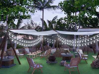 Scenic Outdoor Campsite With Palm Trees White Canopies String Lights And Wooden Furniture 3d model