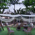 Scenic Outdoor Campsite With Palm Trees White Canopies String Lights And Wooden Furniture