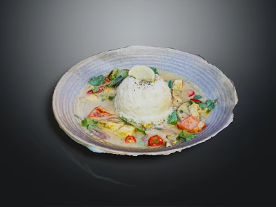 Delicious Rice Bowl With Lemon Slice Fresh Vegetables Chili And Creamy Sauce In Ceramic Bowl 3d model