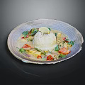 Delicious Rice Bowl With Lemon Slice Fresh Vegetables Chili And Creamy Sauce In Ceramic Bowl