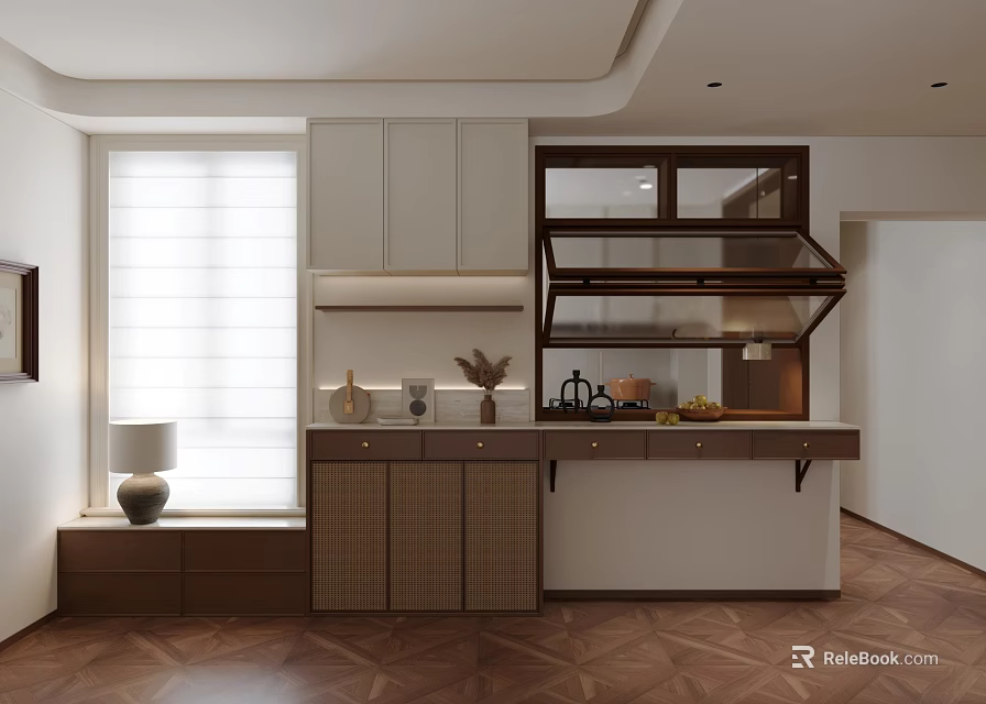 Modern Minimalist Sideboard With White Brown Cabinets Glass Doors And Decorative Items 3d model 