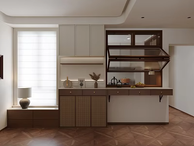 Modern Minimalist Sideboard With White Brown Cabinets Glass Doors And Decorative Items 3d model