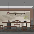 Traditional Chinese Tea Room Interior With Mountain Landscape Wall Wooden Table Chairs And Hanging Lamps