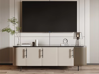 Modern TV Stand With Storage Cabinets Large TV Screen Decorative Pieces Potted Plant And Lamp 3d model