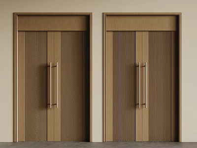 Modern Brown Wooden Double Doors With Vertical Slats And Metal Handles 3d model