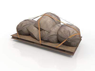 Stacked Brown Sacks Tightly Secured With Ropes On Wooden Pallet 3d model