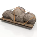 Stacked Brown Sacks Tightly Secured With Ropes On Wooden Pallet