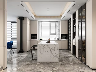 Modern Open Kitchen Interior Design With Marble Island Cabinets And Appliances 3d model