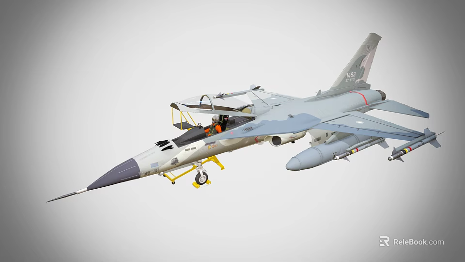 Gray Military Fighter Jet Model With Open Cockpit And Missile Attachments 3d model