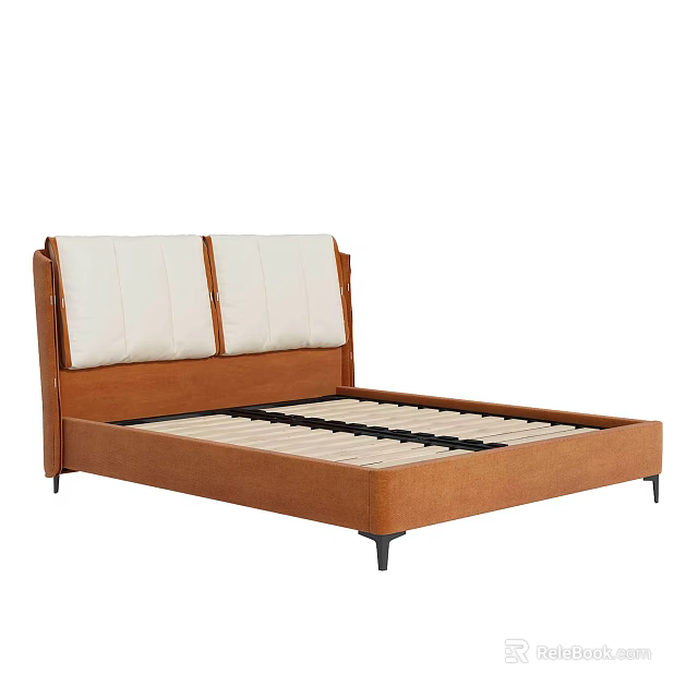 Double Bed With White Padded Headboard And Brown Wooden Slatted Base Frame 3d model