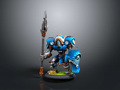 Detailed Fantasy Warrior Figurine In Blue Armor With Spear And Shield 3d model