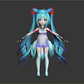 Anime Style Game Movie Character With Long Blue Hair Red Bows White Purple Dress
