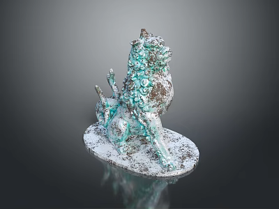 Turquoise Decorative Lion Sculpture With Intricate Textured Details On White Base 3d model