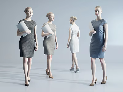 Women Wearing Various Colored Dresses Holding Folders in Different Poses 3d model
