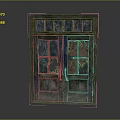 Old Weathered Wooden Double Door With Peeling Green Blue Paint And Broken Glass