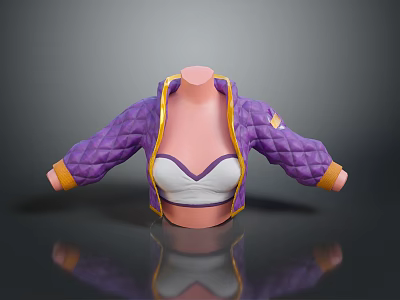 Stylish Purple Quilted Jacket With Yellow Trim And White Crop Top 3D Model 3d model
