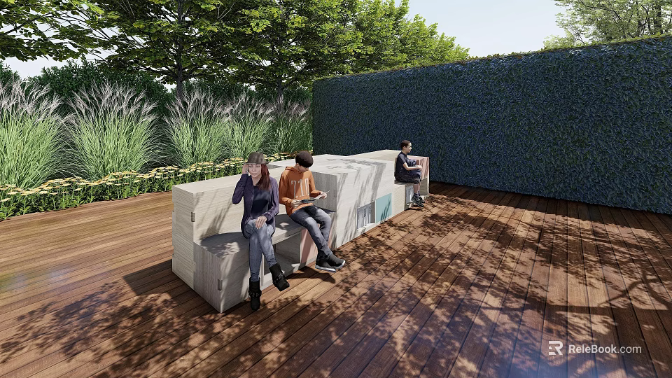 Outdoor Chair On Wooden Decking With Green Hedge And People Sitting Comfortably 3d model 
