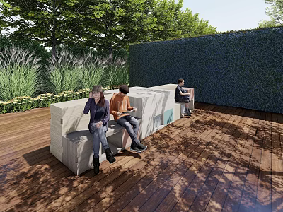 Outdoor Chair On Wooden Decking With Green Hedge And People Sitting Comfortably 3d model