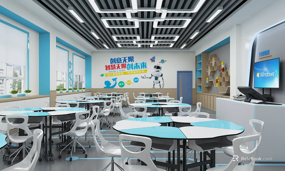 Innovative School Future Maker Learning Classroom with Round Tables Chairs and Colorful Wall Posters 3d model 