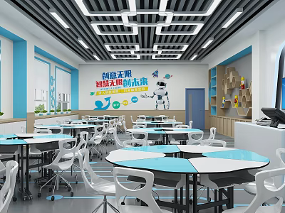 Innovative School Future Maker Learning Classroom with Round Tables Chairs and Colorful Wall Posters 3d model