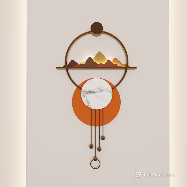 Circular Wooden Wall Decor With Mountain Pattern Marble Circle And Hanging Pendants 3d model