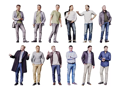 Group of Men in Various Casual Outfits and Different Standing Poses 3d model