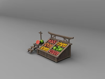 Wooden Fruit Stall Structure With Shelves And Display Counter For Fruits 3d model