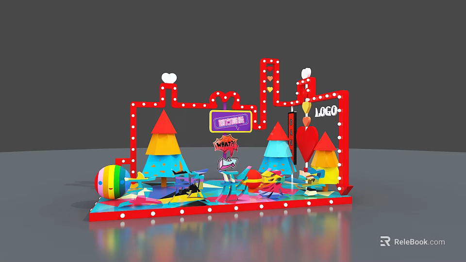 Colorful Playful Photo Check-in Spot With Red Frame Neon Signs Cartoon Shapes And Polka Dots 3d model 