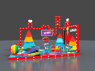 Colorful Playful Photo Check-in Spot With Red Frame Neon Signs Cartoon Shapes And Polka Dots 3d model