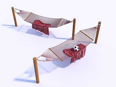 Comfortable Hammocks With Wooden Stands Red Cloth Cover And Soccer Ball 3d model