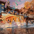 Traditional Commercial Landscape With Ancient Architecture Phoenix Decorations Evening Lighting And Misty Atmosphere