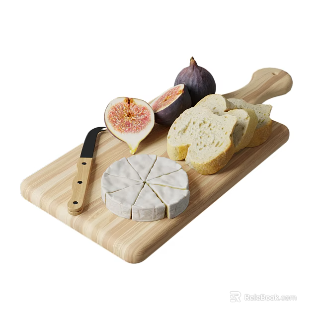 Fresh Figs Sliced Cheese and Bread on Wooden Cutting Board with Knife 3d model 