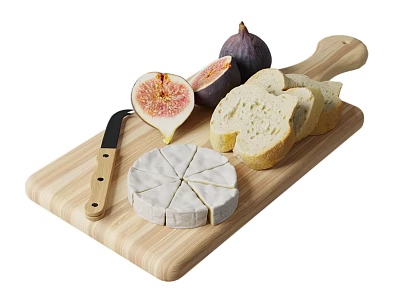 Fresh Figs Sliced Cheese and Bread on Wooden Cutting Board with Knife 3d model
