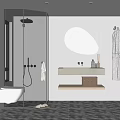Modern Bathroom Interior With Glass Shower Enclosure Oval Illuminated Mirror White Vanity And Tiled Floor