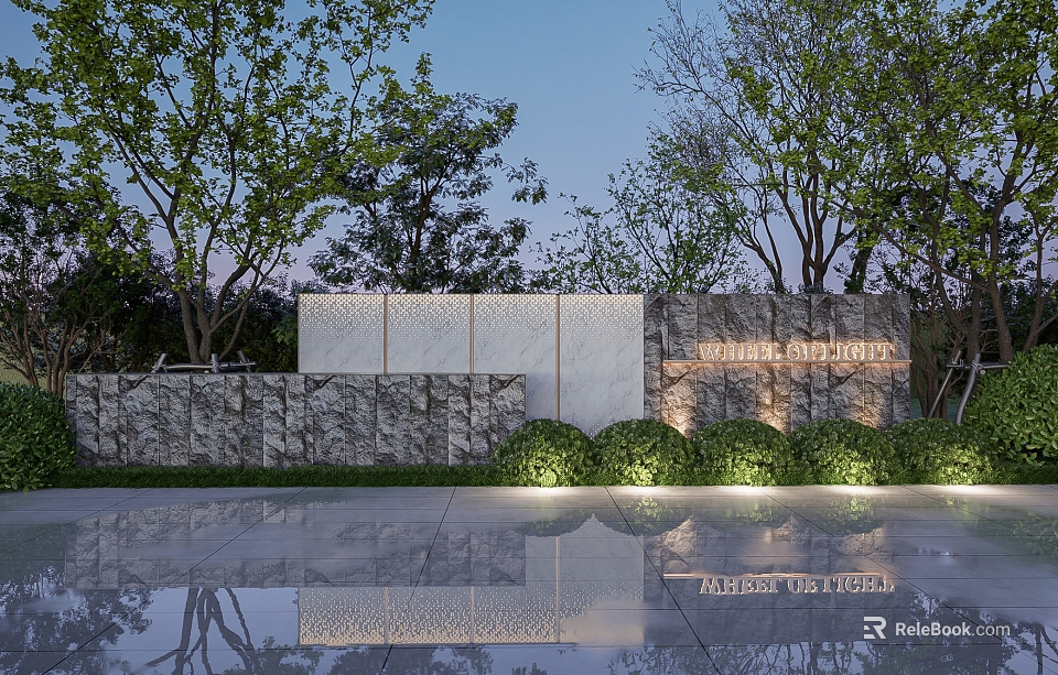 Grace Mansion Landscape Feature Wall With Stone White Panels Trees Lighting And Water Reflection 3d model 