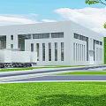 Aerial View Of Modern Building With Office Workstations Large Screen And Parked Vehicles
