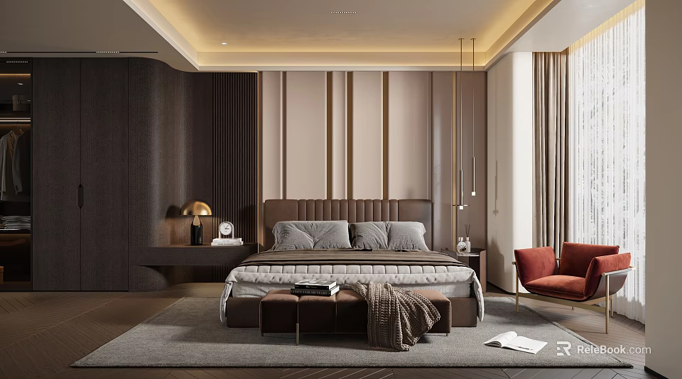Elegant Modern Bedroom Interior Design With Brown Headboard Gray Bedding Red Chair And Striped Wall 3d model 