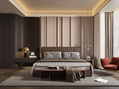 Elegant Modern Bedroom Interior Design With Brown Headboard Gray Bedding Red Chair And Striped Wall 3d model