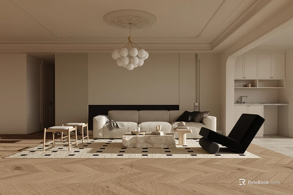 Modern Living Room Interior With Beige Sofa Black Armchair Area Rug And Pendant Light 3d model 