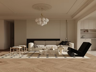 Modern Living Room Interior With Beige Sofa Black Armchair Area Rug And Pendant Light 3d model