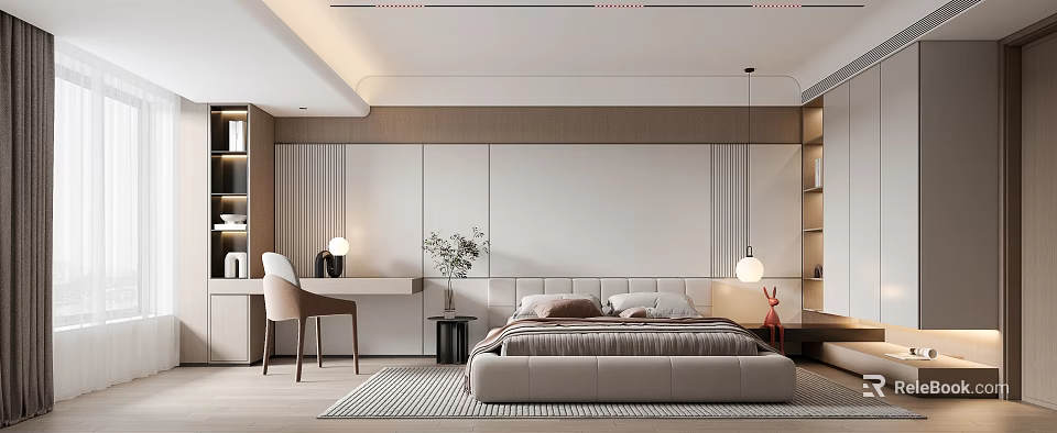 Modern Bedroom Interior Design With Upholstered Headboard Desk Chair Plants And Wooden Wall Panels 3d model 
