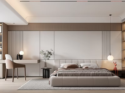 Modern Bedroom Interior Design With Upholstered Headboard Desk Chair Plants And Wooden Wall Panels 3d model
